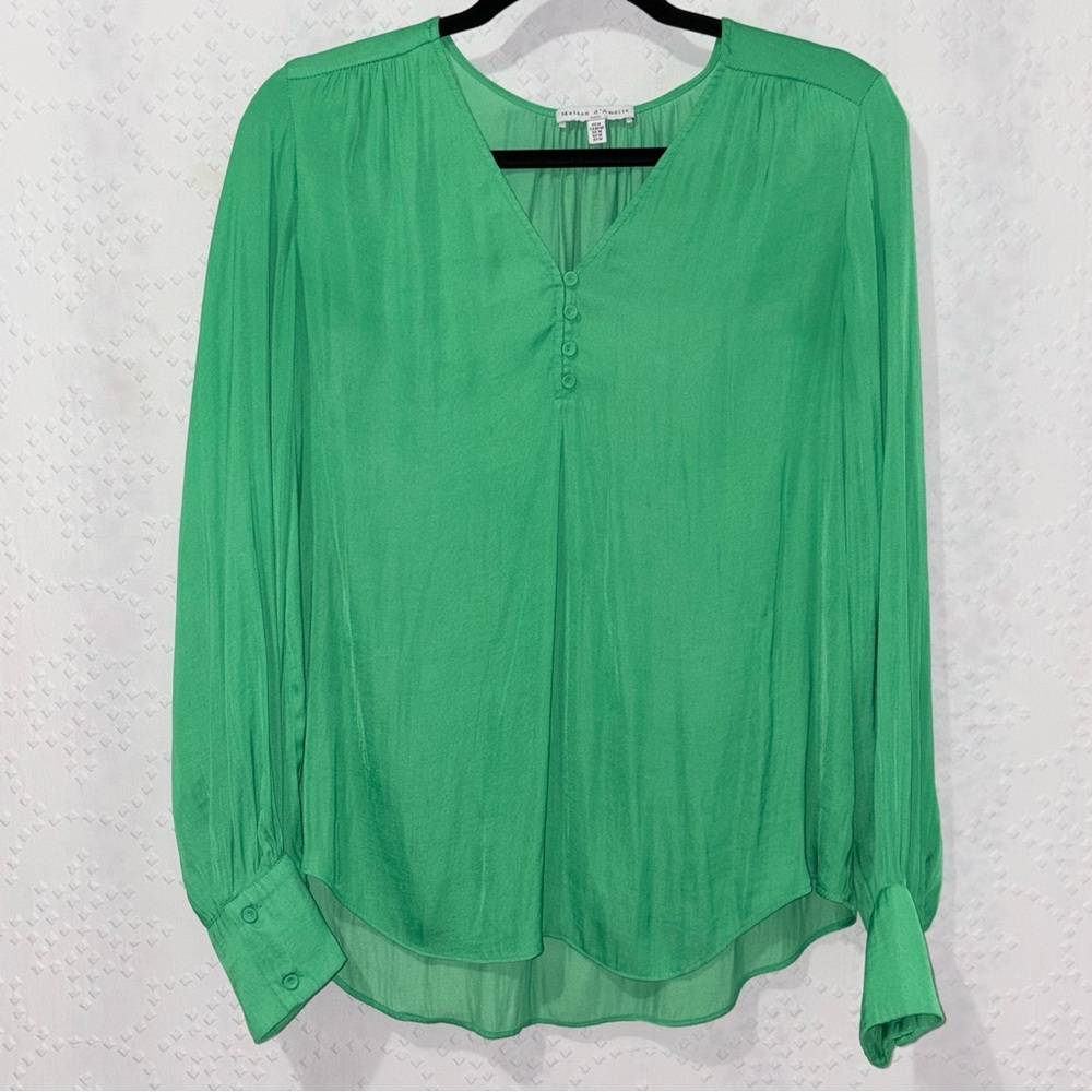 Maison d’Amelie Paris Green Long Sleeve Blouse Button Front Womens Med Flowing